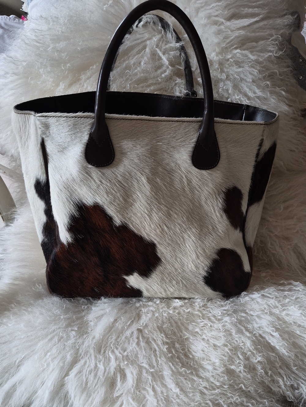 Mark & Graham White and Brown Cowhide Tote with Dark Brown Handles